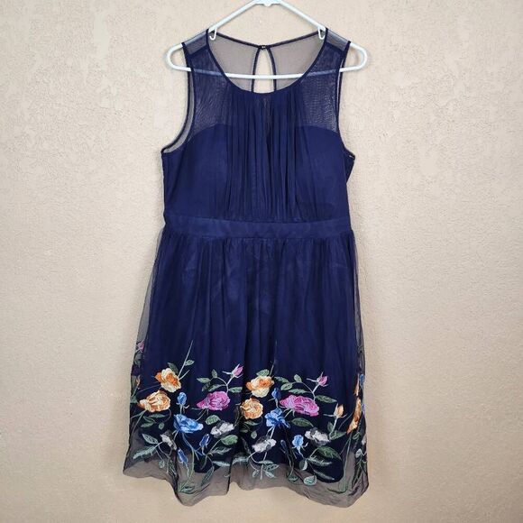 Geode Blue Floral Embroiderd Mesh Sleeveless Fit and Flare Dress 2X (4922CL) - Picture 2 of 7